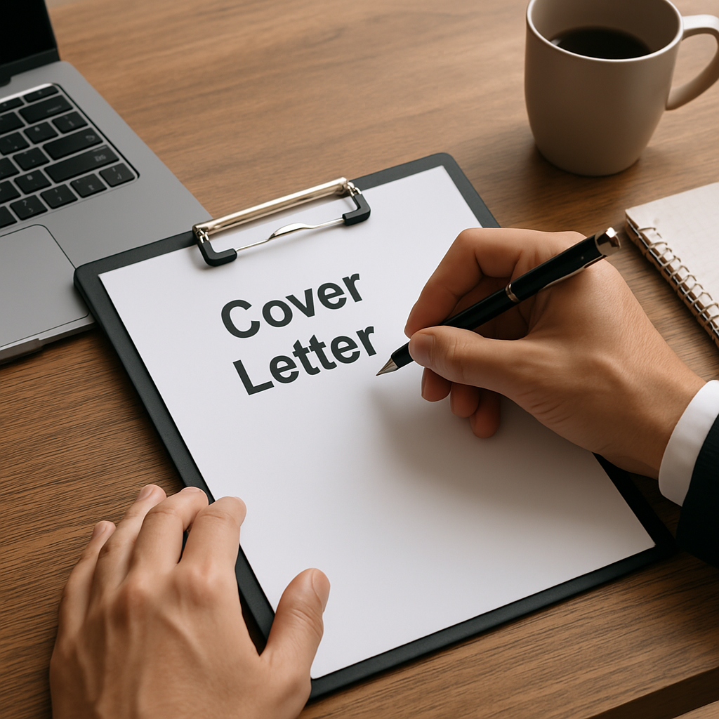 Close-up of a person writing a cover letter at a wooden desk, with a laptop, coffee mug, and spiral-bound notebook, dressed in a navy suit jacket.