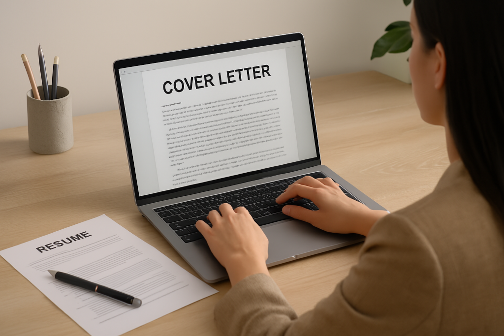 Woman typing a cover letter on a laptop, with a resume on the desk, reflecting the question: 'Is a Cover Letter Necessary?'
