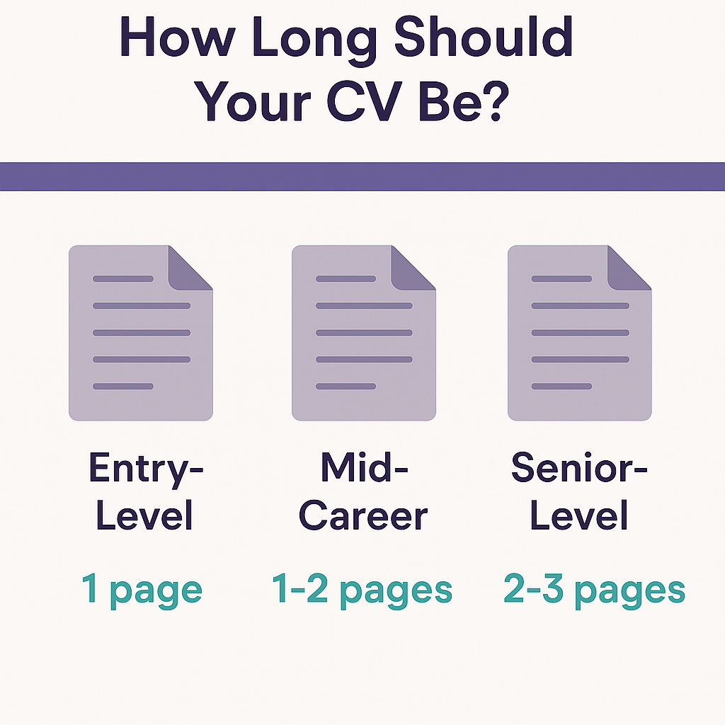 Infographic on CV length recommendations for entry-level, mid-career, and senior-level professionals, offering tailored guidelines for each career stage.