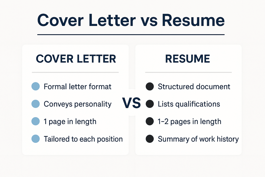 Cover Letter vs Resume infographic highlighting the key differences in format, tone, and purpose, emphasizing personal presentation for cover letters and professional qualifications for resumes