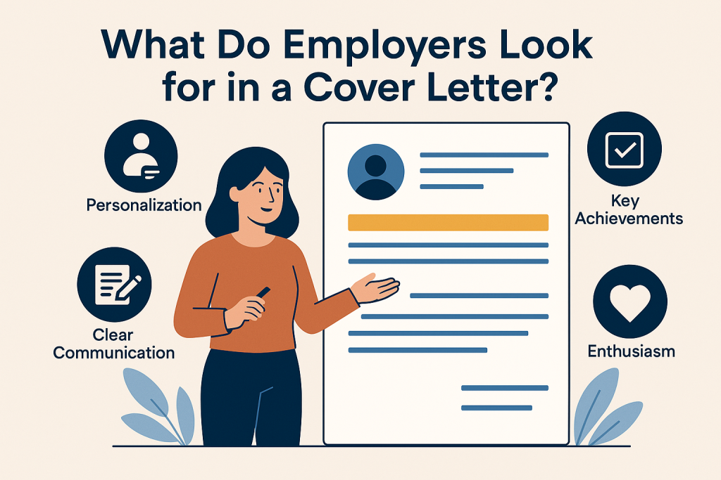 Infographic showing key elements employers look for in a cover letter, including personalization, key achievements, clear communication, and enthusiasm, with highlighted sections and circular icons.