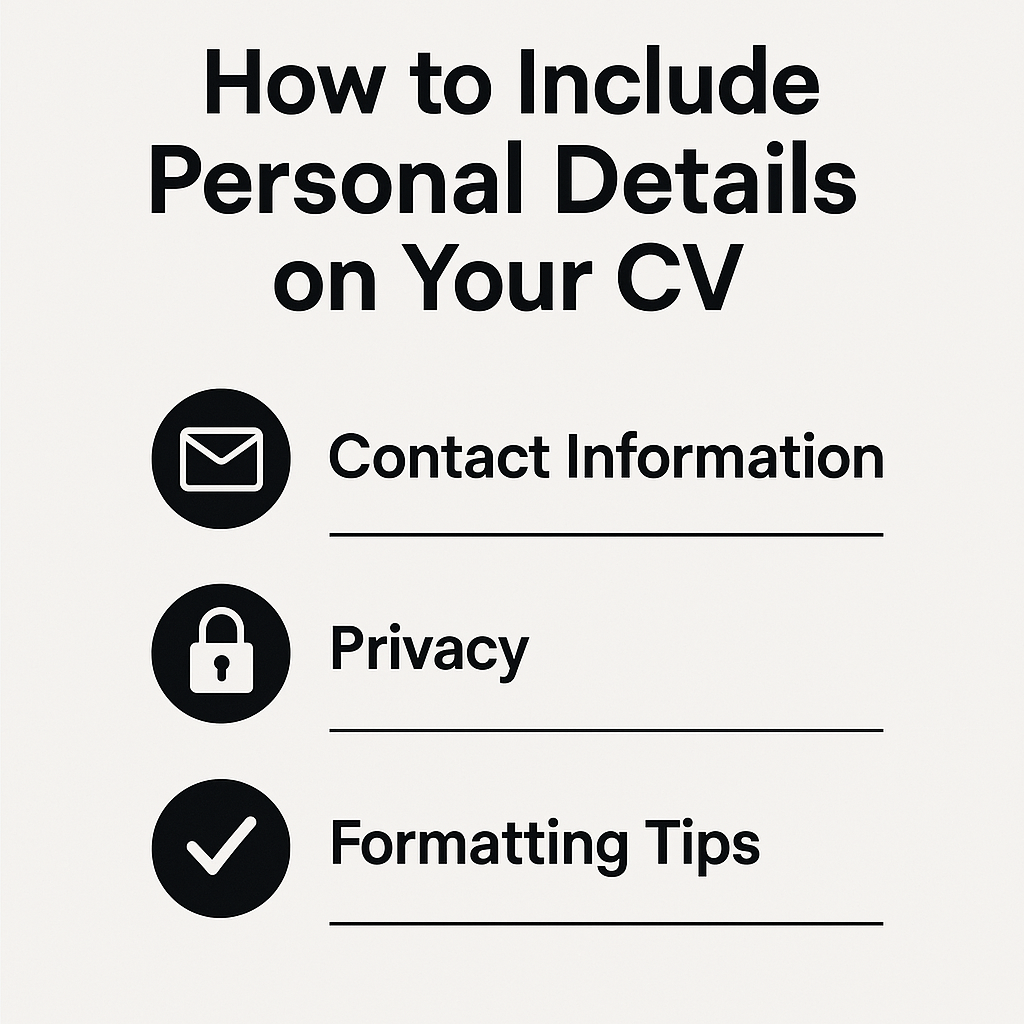 Minimalist design showcasing how to include personal details on a CV, highlighting sections on contact information, privacy, and formatting tips with relevant icons.