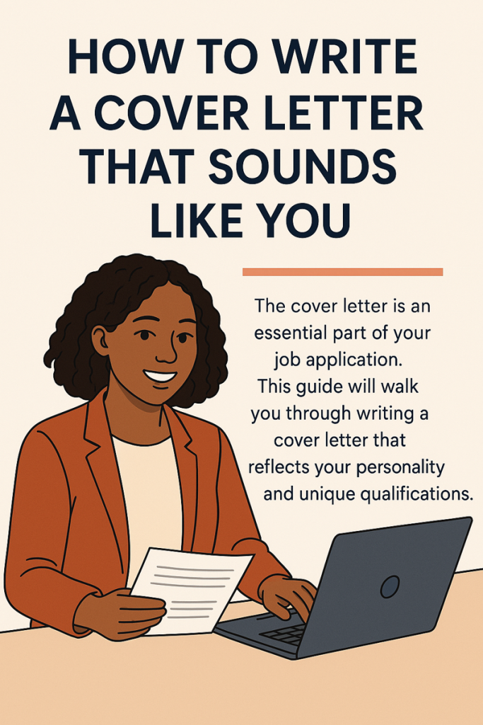 A young African American woman in a burnt orange blazer typing on her laptop, holding a cover letter, illustrating how to write a cover letter that sounds like you.