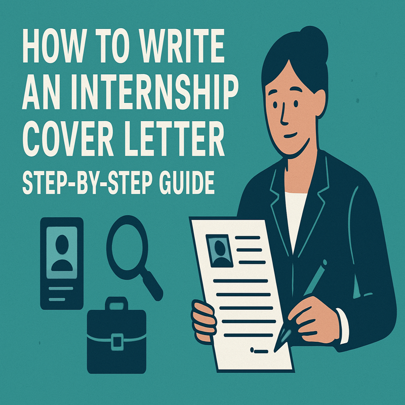 A professional woman writing a cover letter, illustrating the process of creating an internship cover letter, with icons representing key steps like introduction, qualifications, and conclusion.