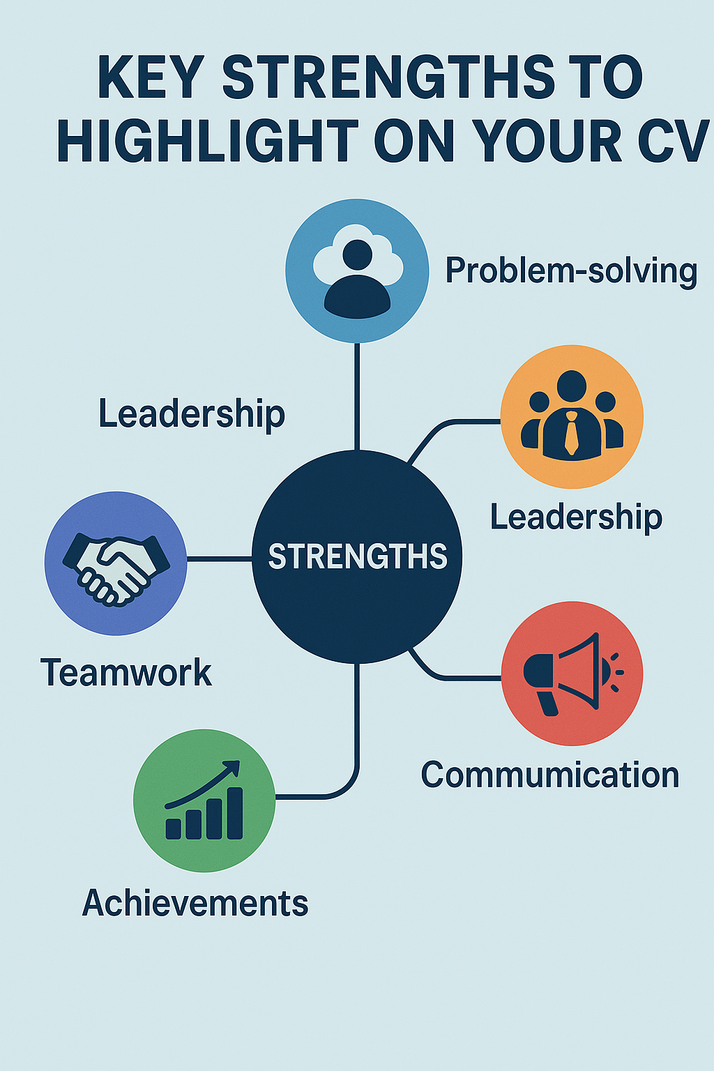 Infographic highlighting key strengths to showcase on your CV, including problem-solving, leadership, communication, achievements, and teamwork.